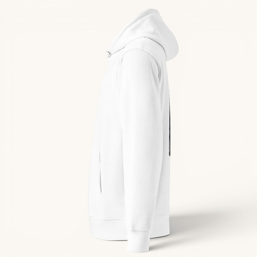 Sweat à capuche blanc en coton ETHIKKALL avec impression graphique Tokyo 004 au dos et logo brodé sur la poitrine.