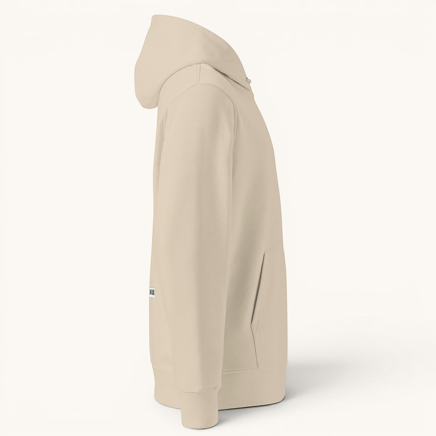 ETHIKKALL sweat à capuche unisexe beige en coton organique, avec capuche, poche kangourou et coupe standard.