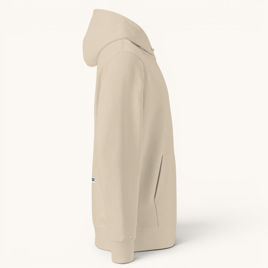 Sweat à capuche unisexe ETHIKKALL en coton organique beige, avec poche kangourou et capuche.