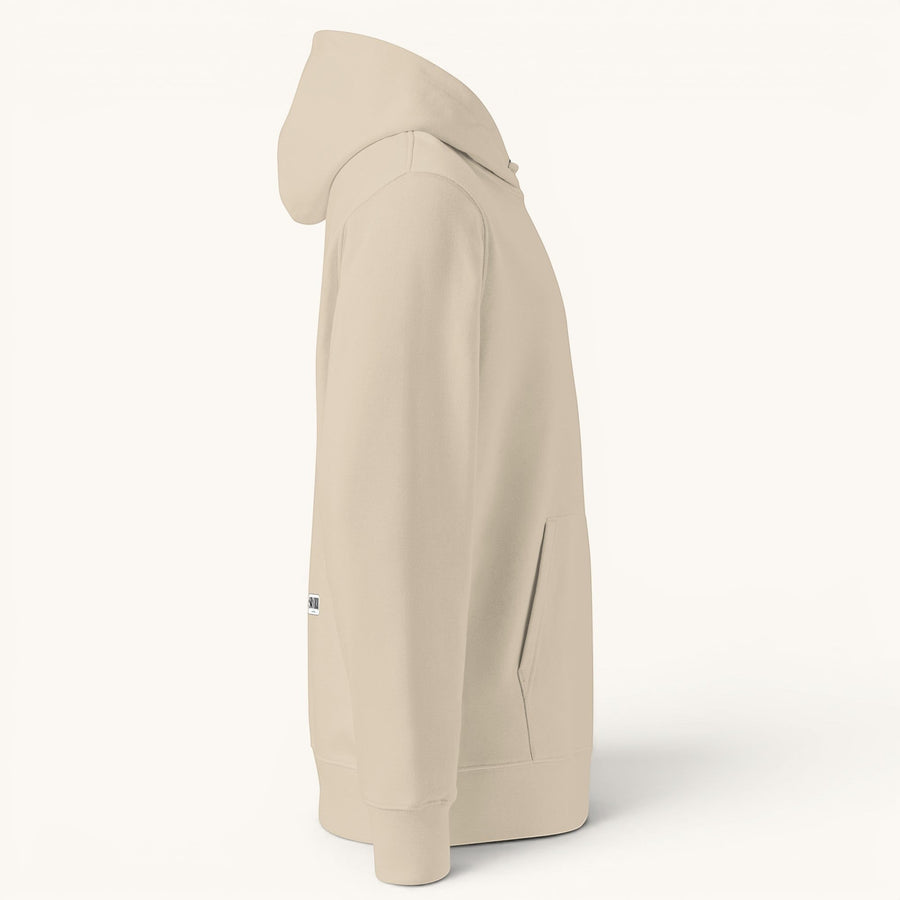 ETHIKKALL sweat à capuche unisexe beige en coton organique, avec capuche, poche kangourou et coupe standard.