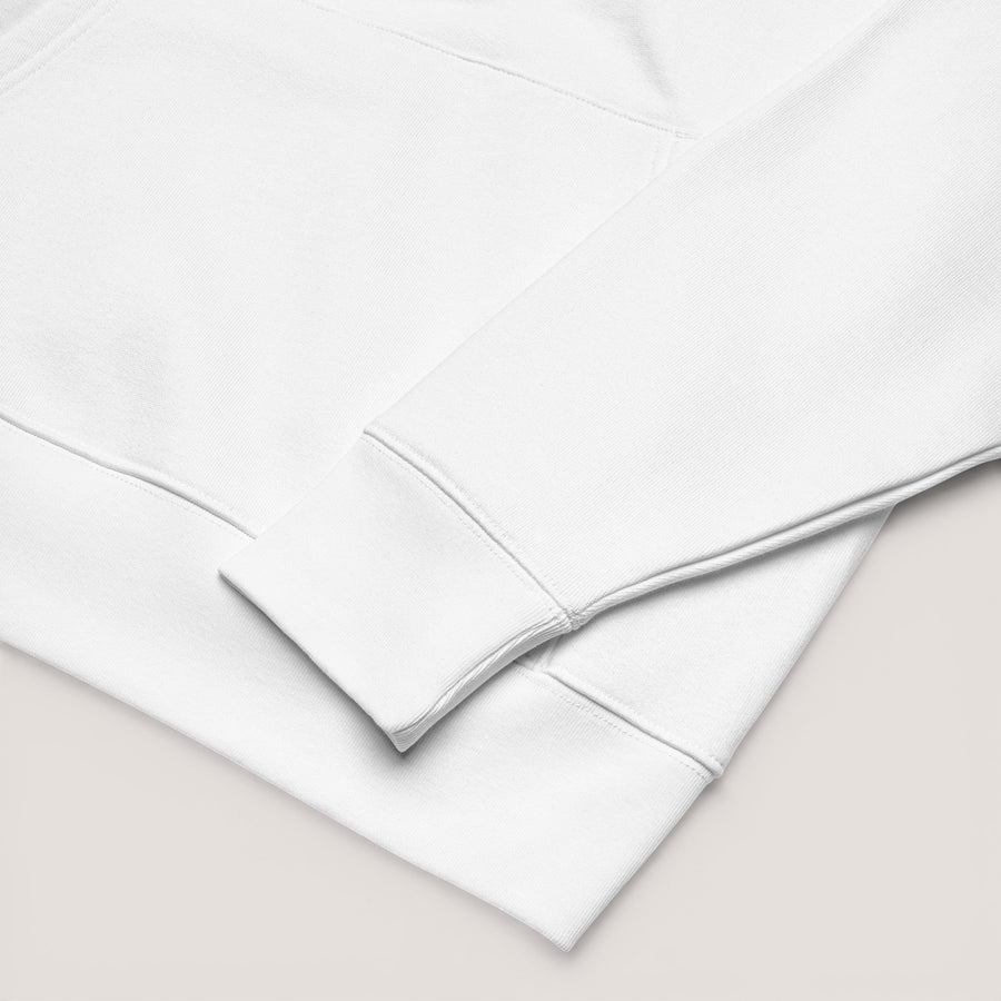 ETHIKKALL sweat à capuche unisexe blanc en coton organique, poche kangourou, capuche doublée, coupe standard.