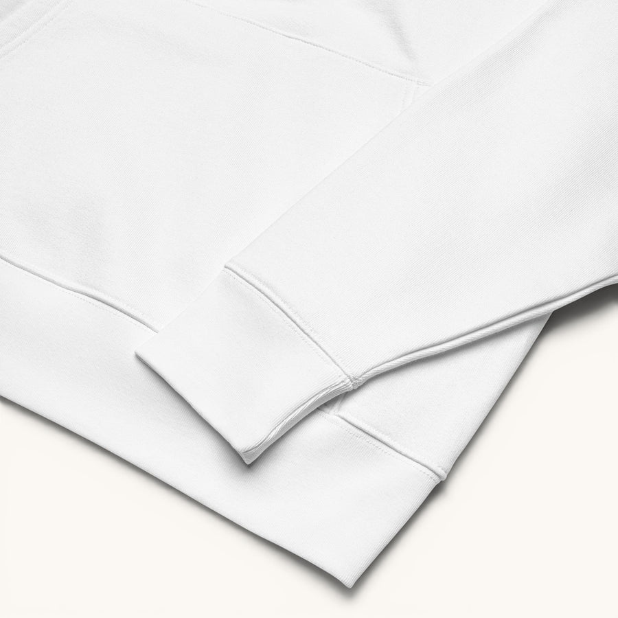 ETHIKKALL sweat à capuche unisexe blanc en coton organique, poche kangourou, capuche doublée, coupe standard.
