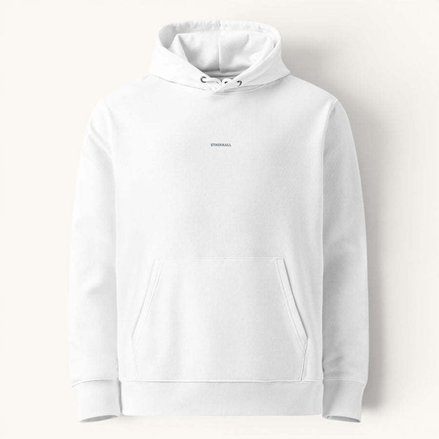 Sweat à capuche unisexe blanc ETHIKKALL en coton organique, avec poche kangourou et logo discret.