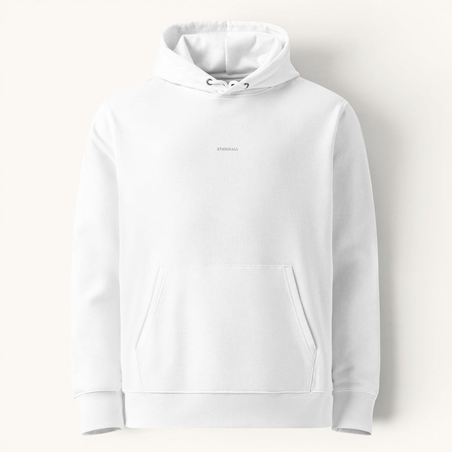 ETHIKKALL sweat à capuche unisexe blanc en coton organique, avec poche kangourou et logo discret.