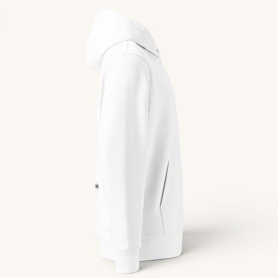 ETHIKKALL sweat à capuche unisexe blanc en coton organique, coupe standard avec poche kangourou et capuche.