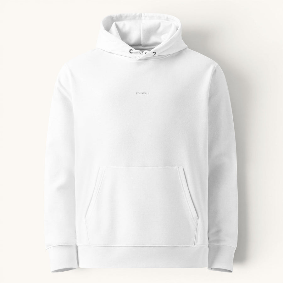 ETHIKKALL sweat à capuche blanc unisexe en coton organique, avec poche kangourou et logo discret.