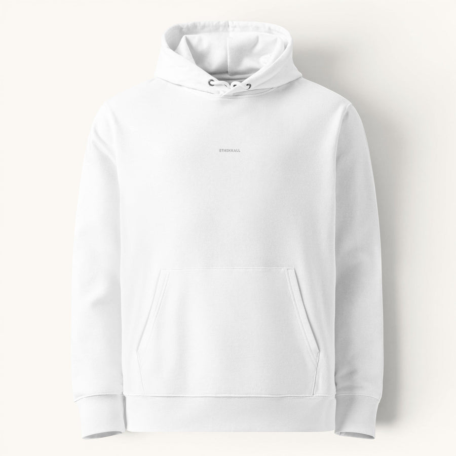 Sweat à capuche blanc en coton ETHIKKALL Tokyo 004 avec petit logo brodé sur la poitrine et poche kangourou.