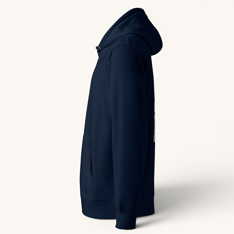 Sweat à capuche unisexe ETHIKKALL bleu marine en coton organique, avec capuche, poche kangourou et coupe standard.