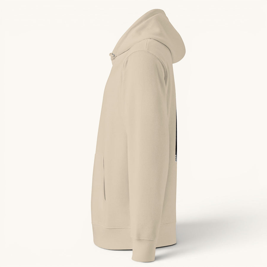 Sweat à capuche unisexe ETHIKKALL Kyoto 007 en coton organique beige, avec capuche, poche kangourou et cordon de serrage.