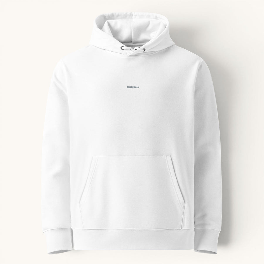 ETHIKKALL sweat à capuche unisexe blanc en coton organique, avec poche kangourou et logo discret.