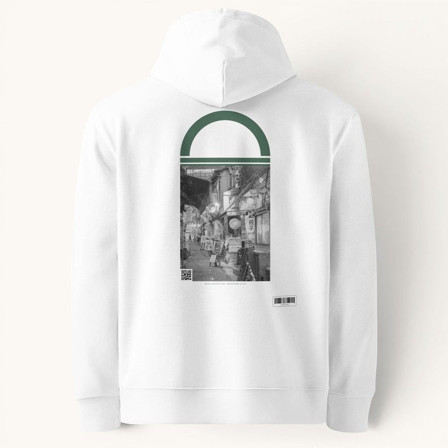 ETHIKKALL sweat à capuche unisexe blanc en coton organique avec un imprimé de rue tokyoïte.