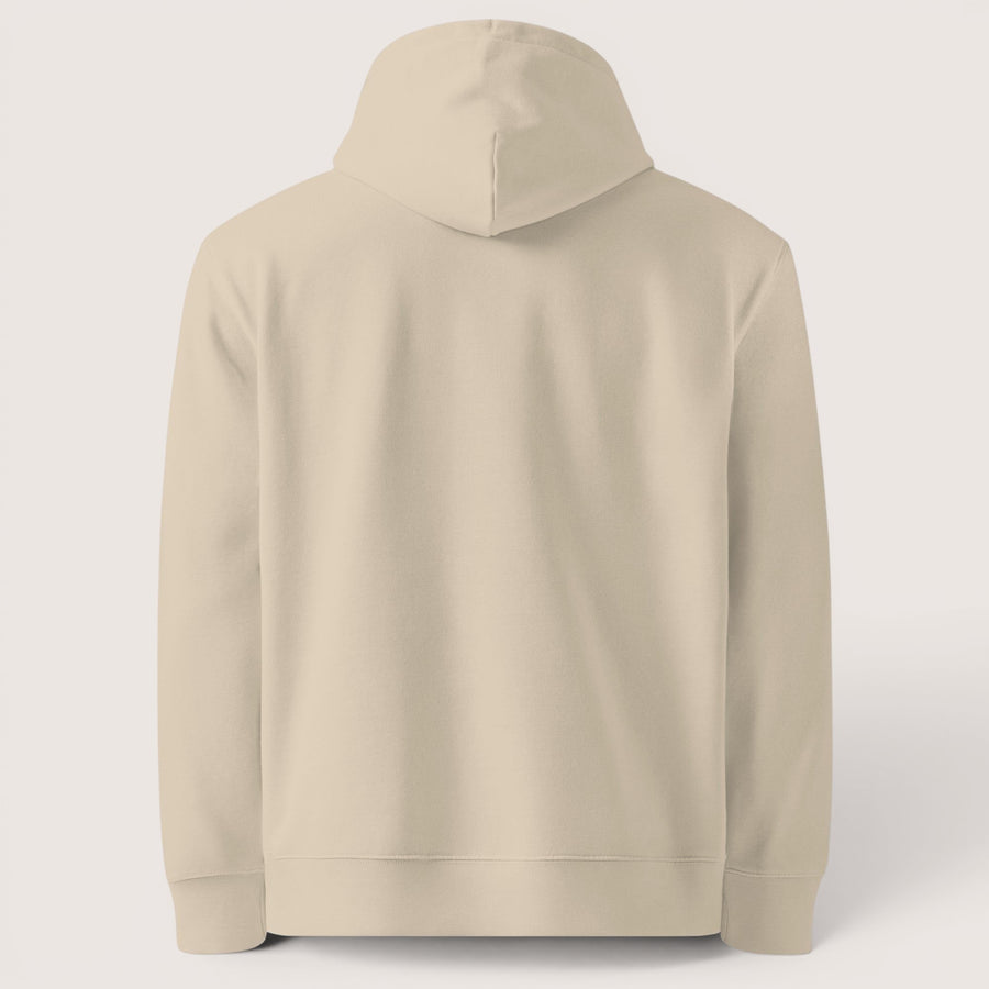 ETHIKKALL sweat à capuche unisexe beige en coton organique, coupe standard, poche kangourou, capuche.