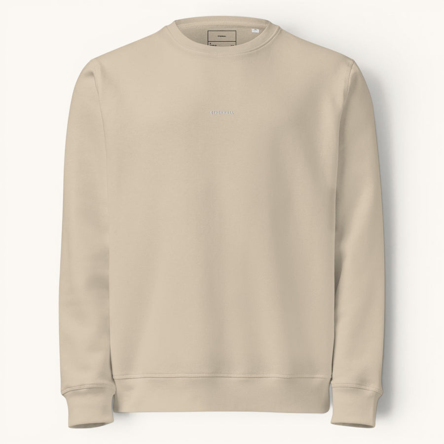 ETHIKKALL sweat-shirt beige en coton biologique, coupe décontractée, col rond, détail demi-lune discret au dos.