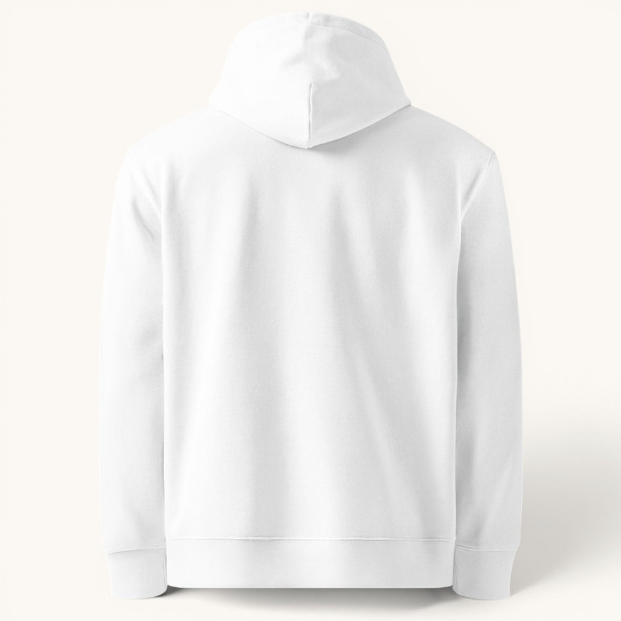 Sweat à capuche unisexe blanc ETHIKKALL en coton organique, avec capuche et poche kangourou.