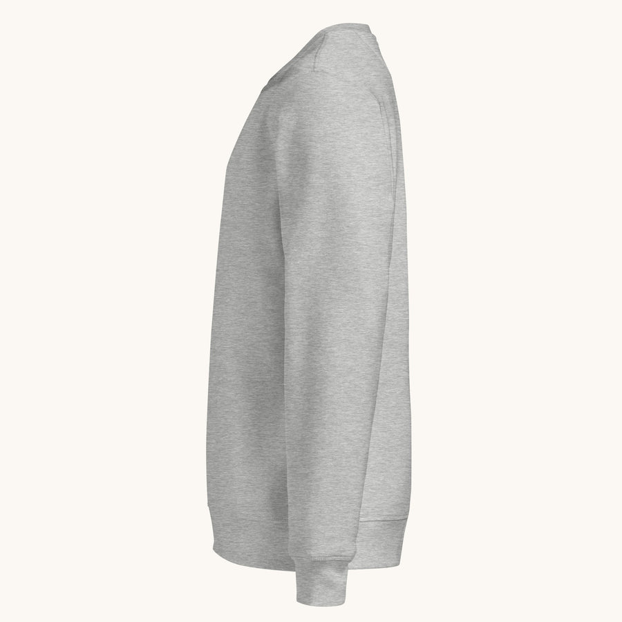 Sweat-shirt gris chiné ETHIKKALL en coton biologique, coupe décontractée, détail demi-lune au dos.