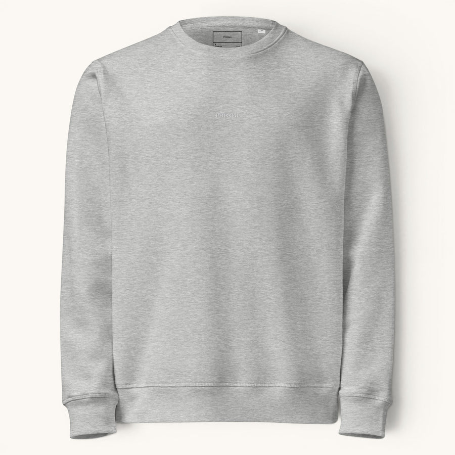 Sweat-shirt gris chiné ETHIKKALL en coton biologique, coupe décontractée avec détail demi-lune discret au dos.