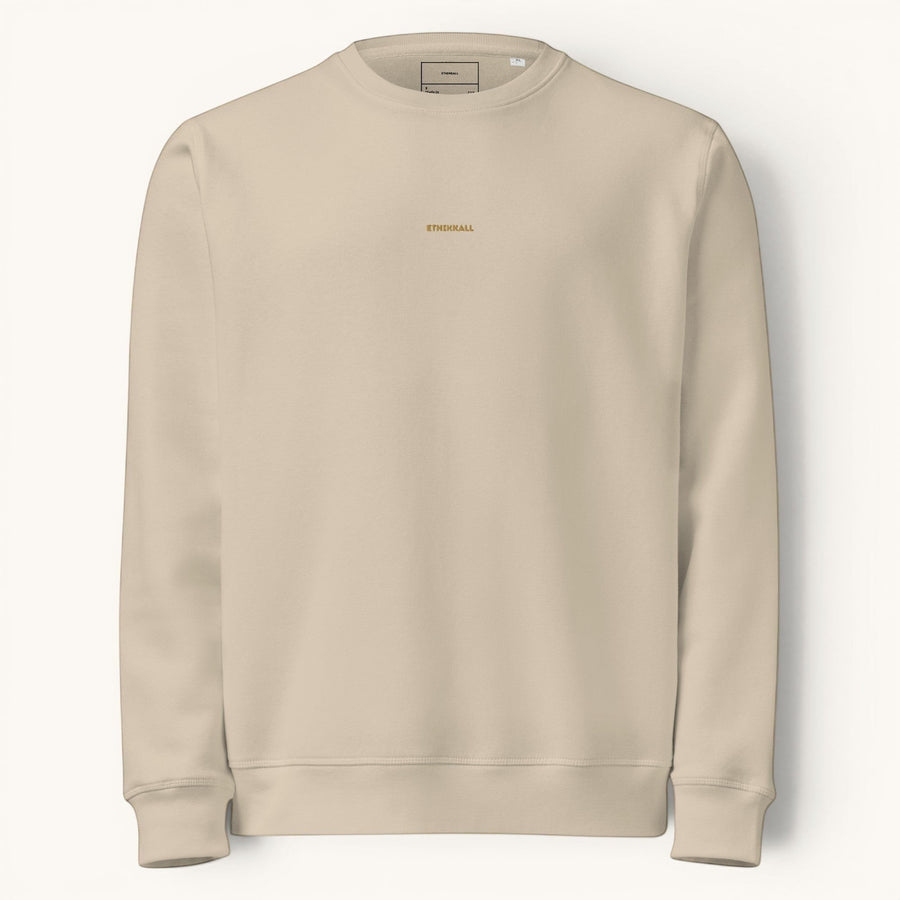 ETHIKKALL sweat-shirt biologique beige avec petit logo doré brodé sur la poitrine. Coupe décontractée.