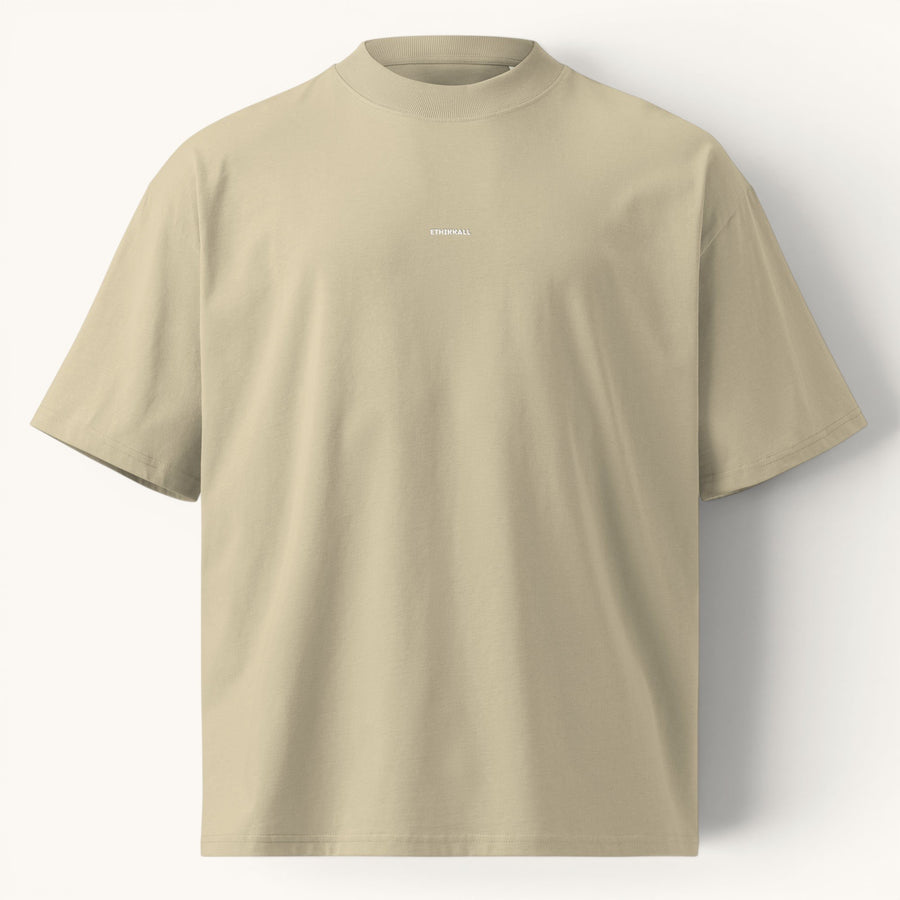 ETHIKKALL t-shirt beige ample en coton bio avec col montant et épaules tombantes, idéal streetwear.