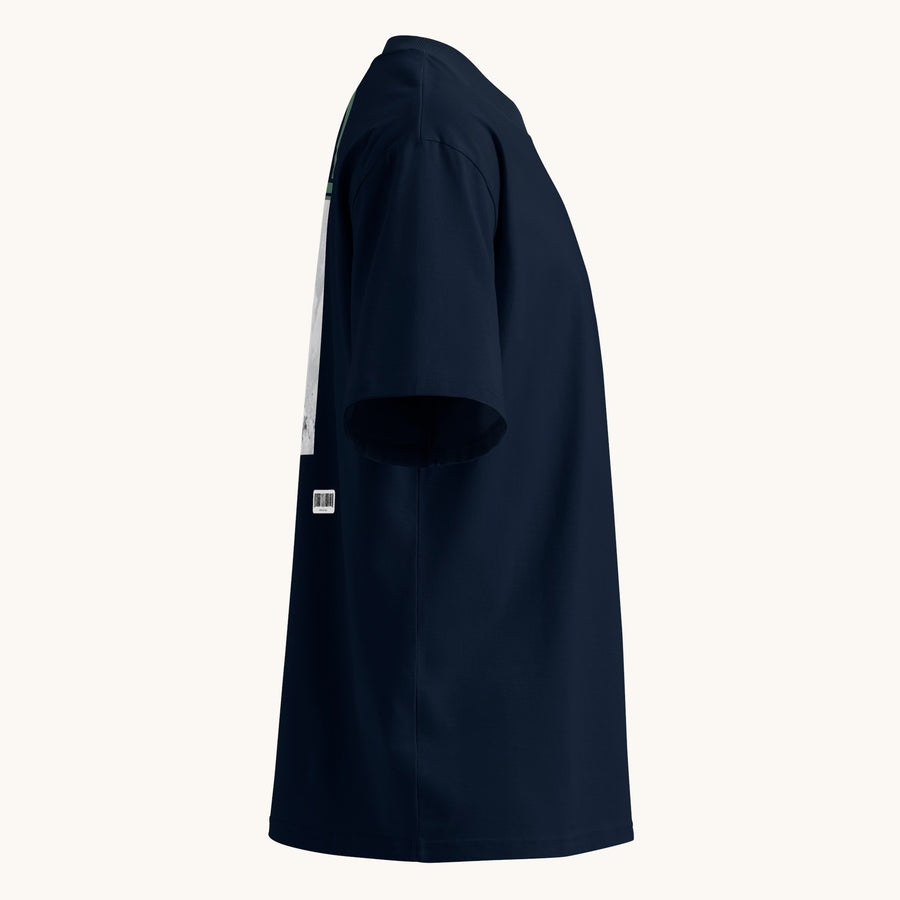 ETHIKKALL T-shirt bleu marine ample en coton biologique avec col montant et épaules tombantes, style streetwear.