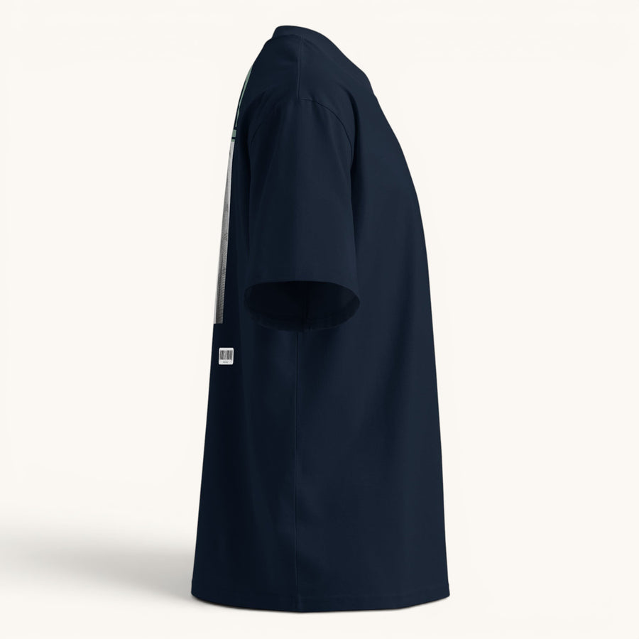 T-shirt ample bleu marine ETHIKKALL en coton biologique avec col montant et épaules tombantes, idéal pour le streetwear.