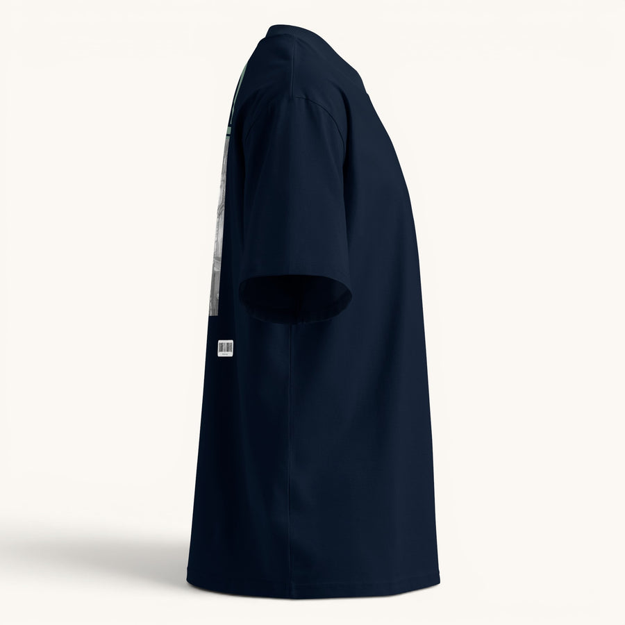 ETHIKKALL T-shirt bleu marine ample en coton biologique avec col montant et épaules tombantes, idéal pour le streetwear.