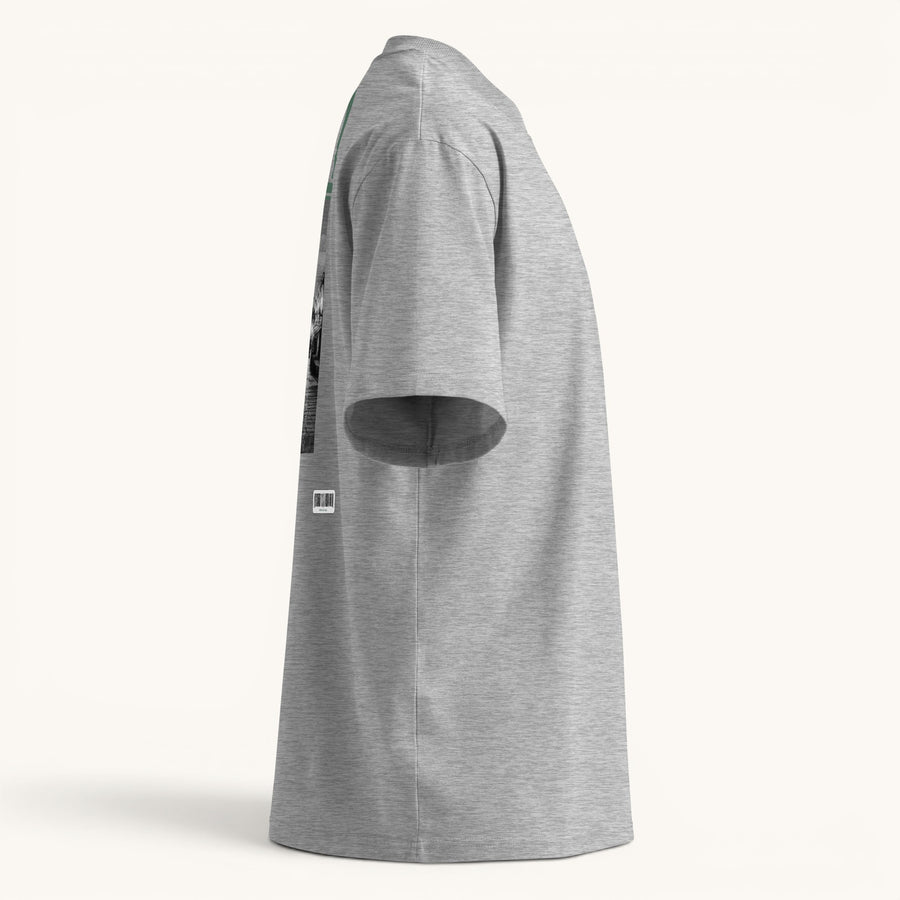 T-shirt gris ample ETHIKKALL en coton biologique avec col montant et épaules tombantes, idéal pour le streetwear.