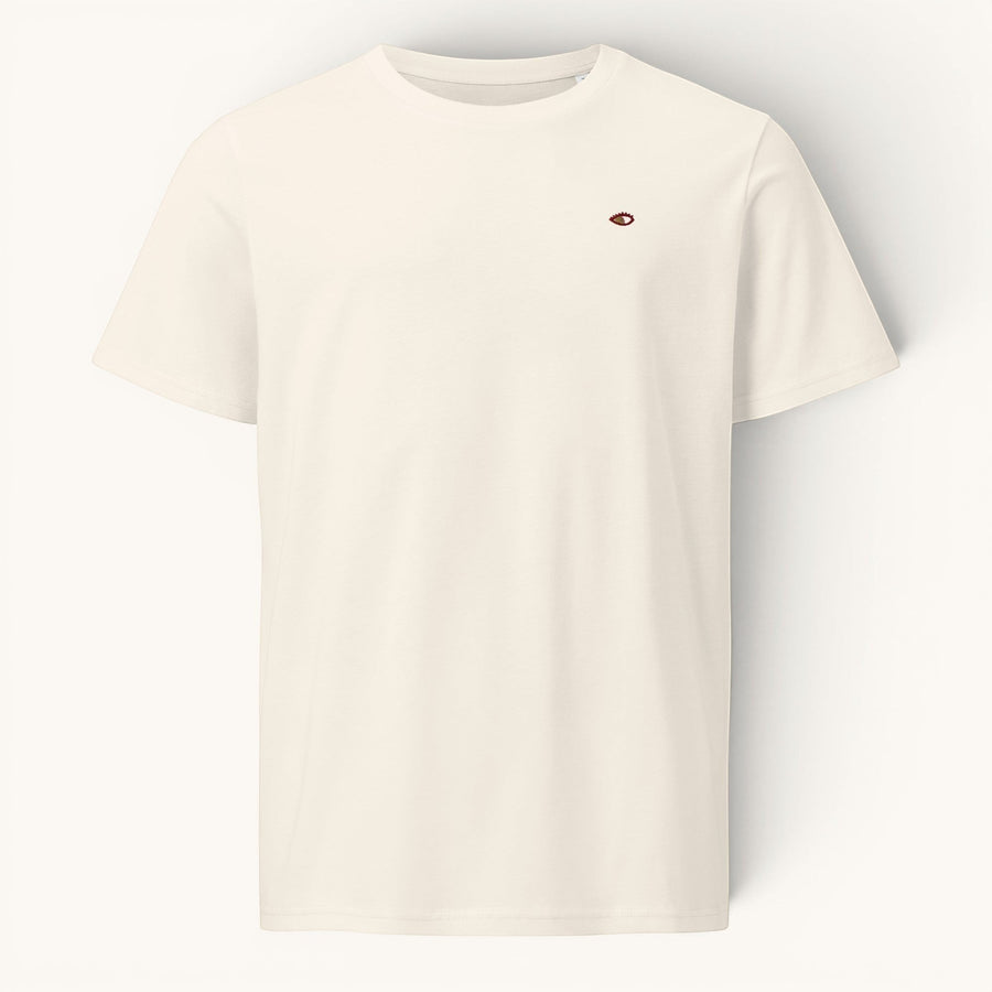 ETHIKKALL t-shirt blanc cassé en coton biologique avec un petit logo œil brodé sur la poitrine gauche.