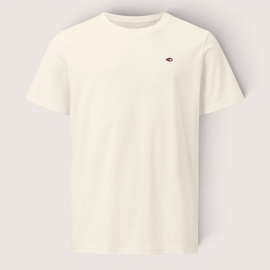 ETHIKKALL t-shirt blanc cassé en coton biologique avec un petit logo œil brodé sur la poitrine gauche.