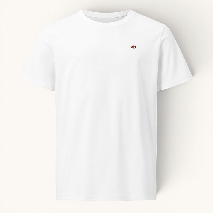 ETHIKKALL t-shirt blanc en coton biologique avec un petit logo œil brodé sur la poitrine gauche. Coupe droite.