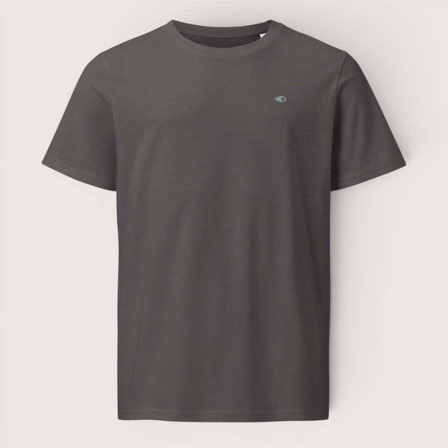 T-shirt anthracite ETHIKKALL en coton biologique, coupe classique, avec un petit logo œil brodé sur la poitrine gauche.