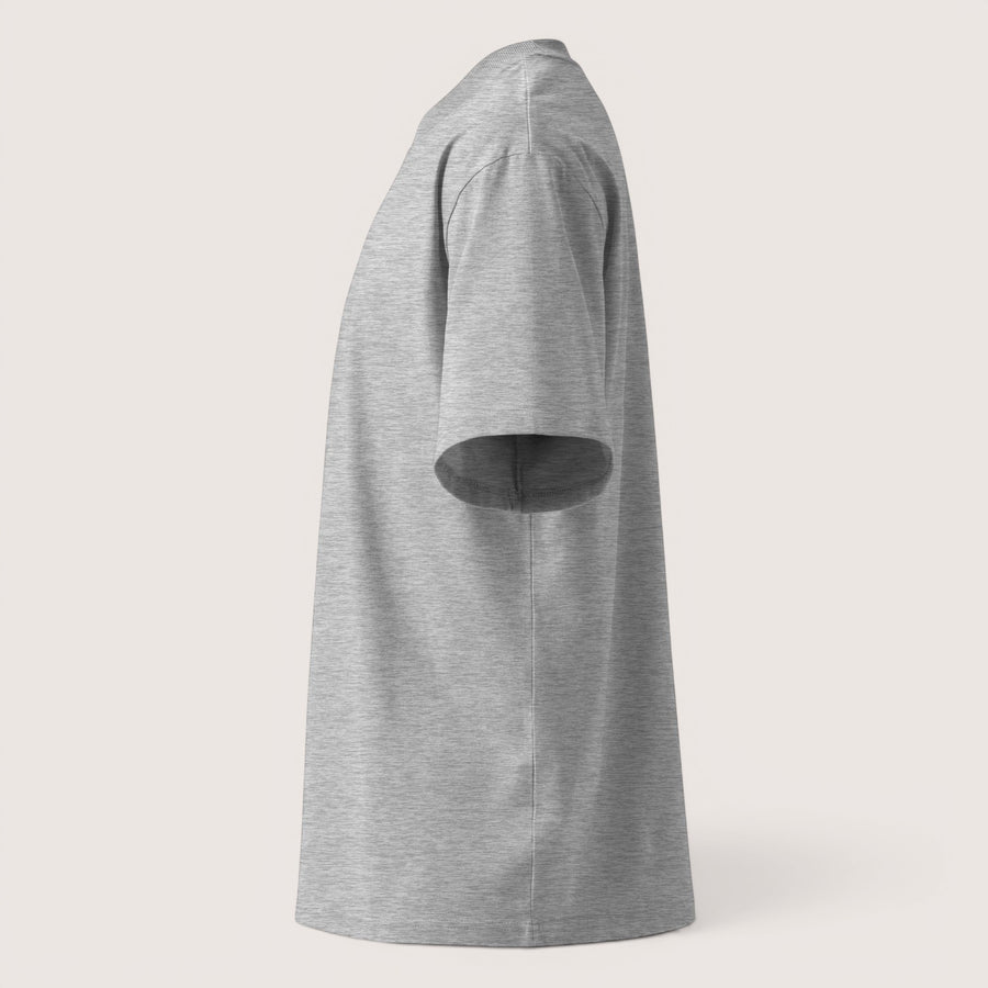 ETHIKKALL T-shirt ample gris en coton biologique pour homme, col rond, épaules tombantes, idéal streetwear.
