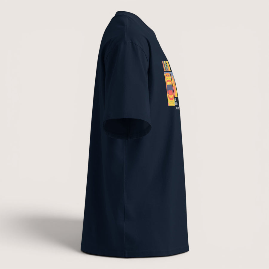 T-shirt oversize ETHIKKALL Le Réveil en coton biologique bleu marine avec imprimé graphique sur le côté