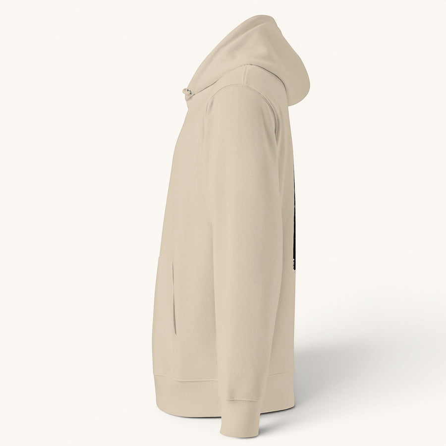 ETHIKKALL sweat à capuche unisexe beige en coton organique, coupe standard avec poche kangourou et capuche.