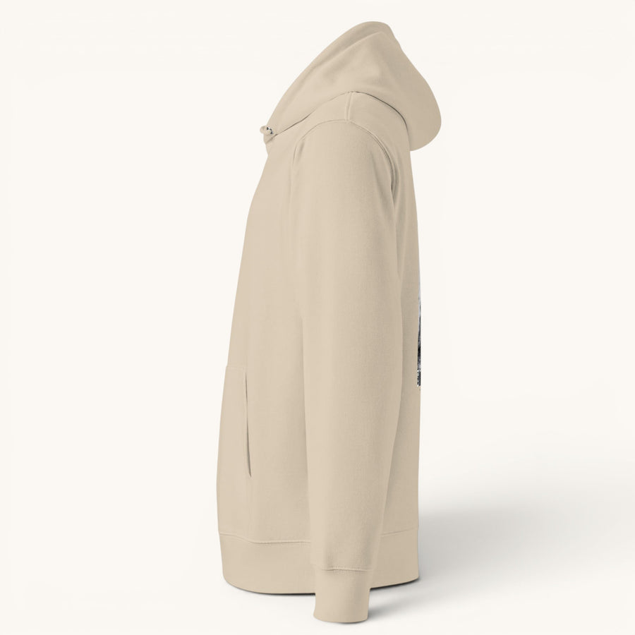 ETHIKKALL sweat à capuche unisexe en coton organique beige avec poche kangourou et cordon de serrage.