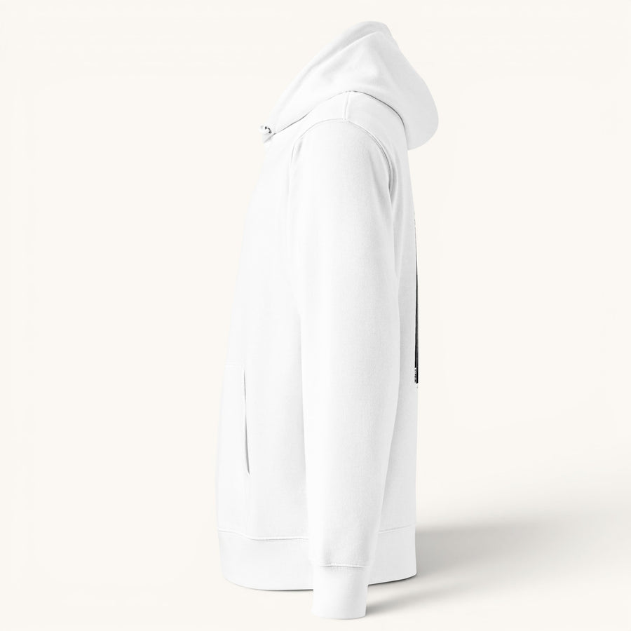 Sweat à capuche blanc ETHIKKALL en coton organique, unisexe, avec poche kangourou et capuche.