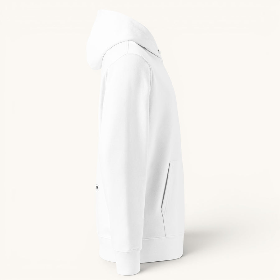 ETHIKKALL sweat à capuche blanc unisexe en coton organique, coupe standard avec poche kangourou et capuche.