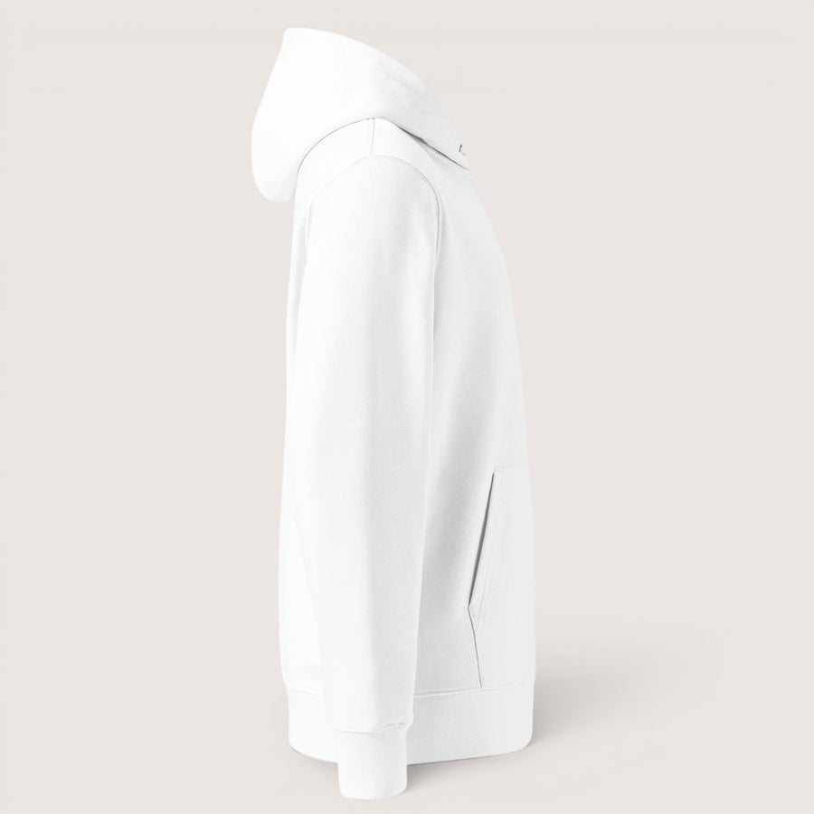 Sweat à capuche unisexe ETHIKKALL blanc en coton organique, avec poche kangourou et capuche.