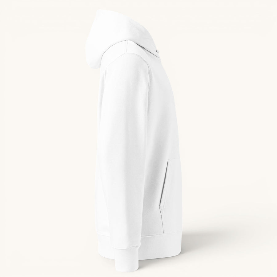 Sweat à capuche unisexe ETHIKKALL blanc en coton organique, avec poche kangourou et capuche.