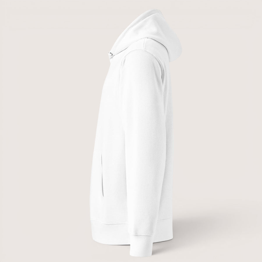 Sweat à capuche unisexe ETHIKKALL blanc en coton organique, avec capuche, poche kangourou et manches encastrées.