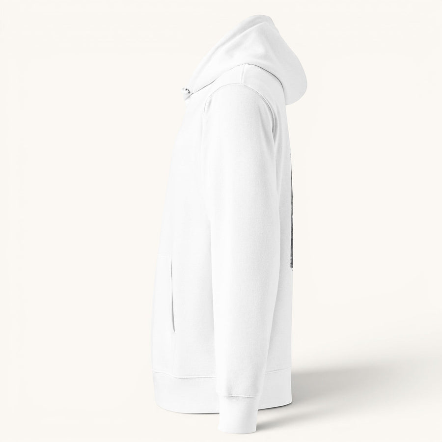 ETHIKKALL sweat à capuche unisexe blanc en coton organique, avec poche kangourou et capuche.