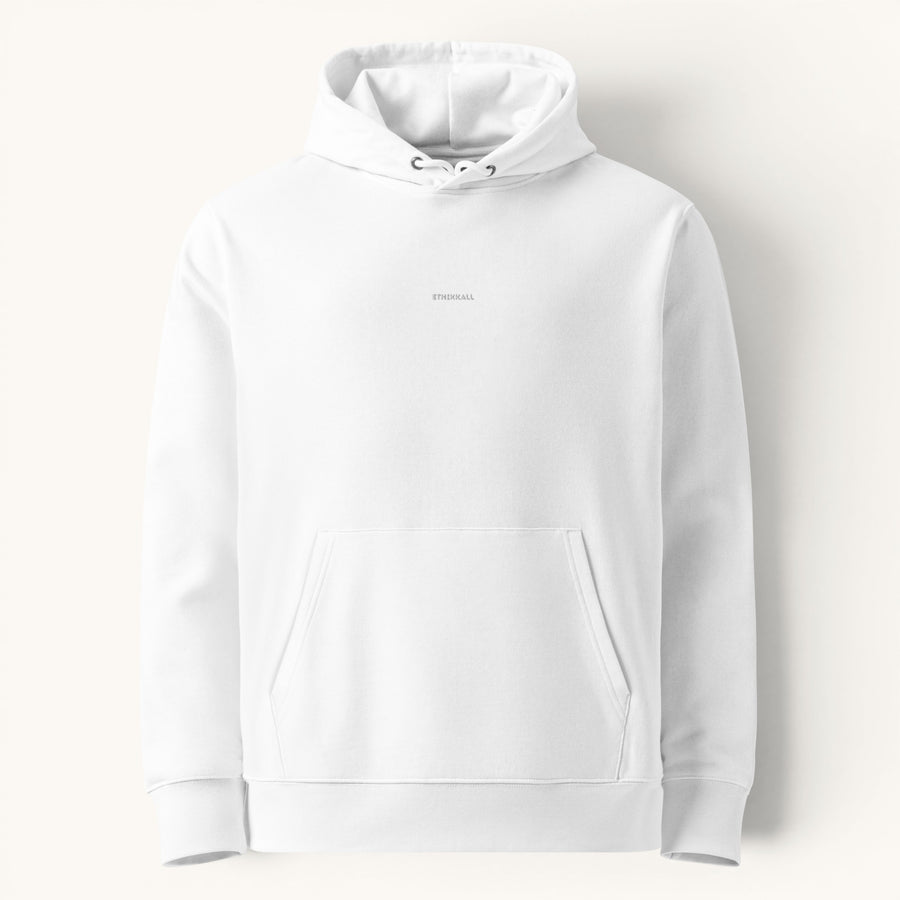 Sweat à capuche unisexe blanc ETHIKKALL en coton organique, avec capuche, poche kangourou et logo discret.