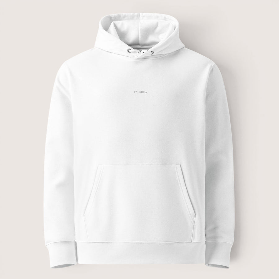 Sweat à capuche unisexe blanc ETHIKKALL en coton organique, avec poche kangourou et logo discret.