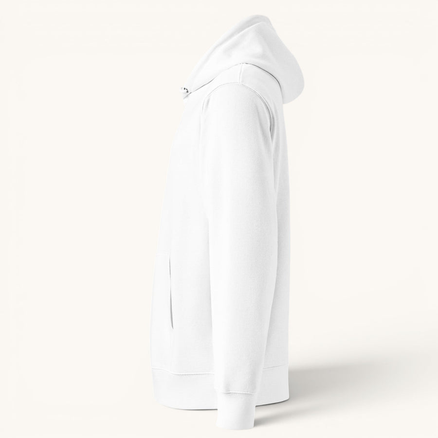 Sweat à capuche unisexe ETHIKKALL blanc en coton organique, avec capuche, poche kangourou et manches encastrées.