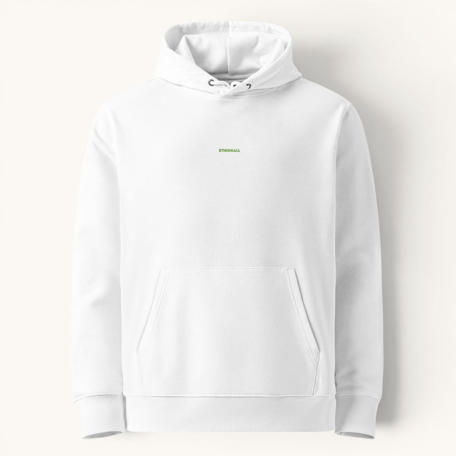 Sweat à capuche blanc ETHIKKALL en coton organique avec logo brodé discret et poche kangourou.