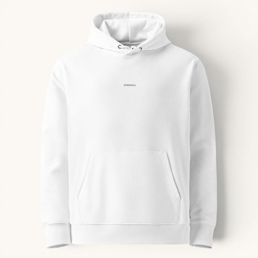 ETHIKKALL sweat à capuche unisexe blanc en coton organique avec poche kangourou et logo discret.