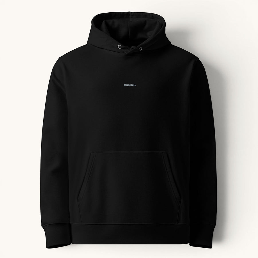 ETHIKKALL sweat à capuche unisexe noir en coton organique, avec logo discret et poche kangourou.