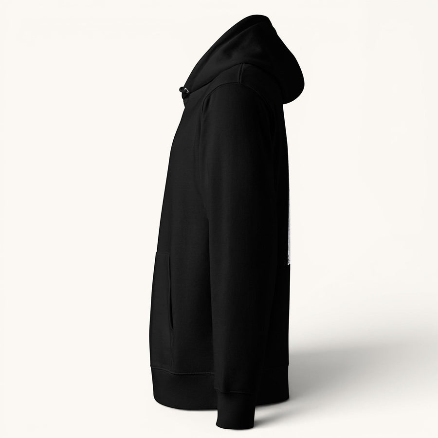ETHIKKALL sweat à capuche unisexe noir en coton organique, coupe standard avec poche kangourou et capuche.