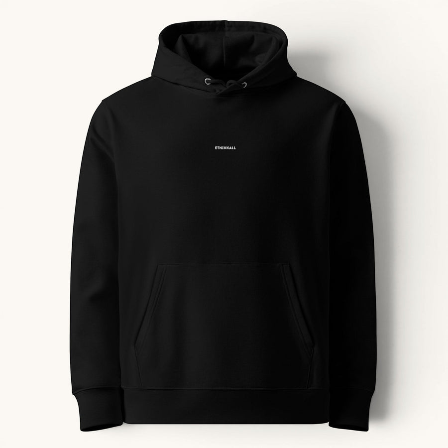 ETHIKKALL sweat à capuche unisexe noir en coton organique, avec cordon de serrage et poche kangourou.