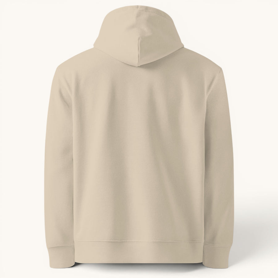 ETHIKKALL sweat à capuche unisexe beige en coton organique, coupe standard, poche kangourou, capuche.