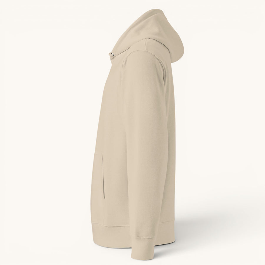 ETHIKKALL sweat à capuche unisexe beige en coton organique, avec poche kangourou et capuche.